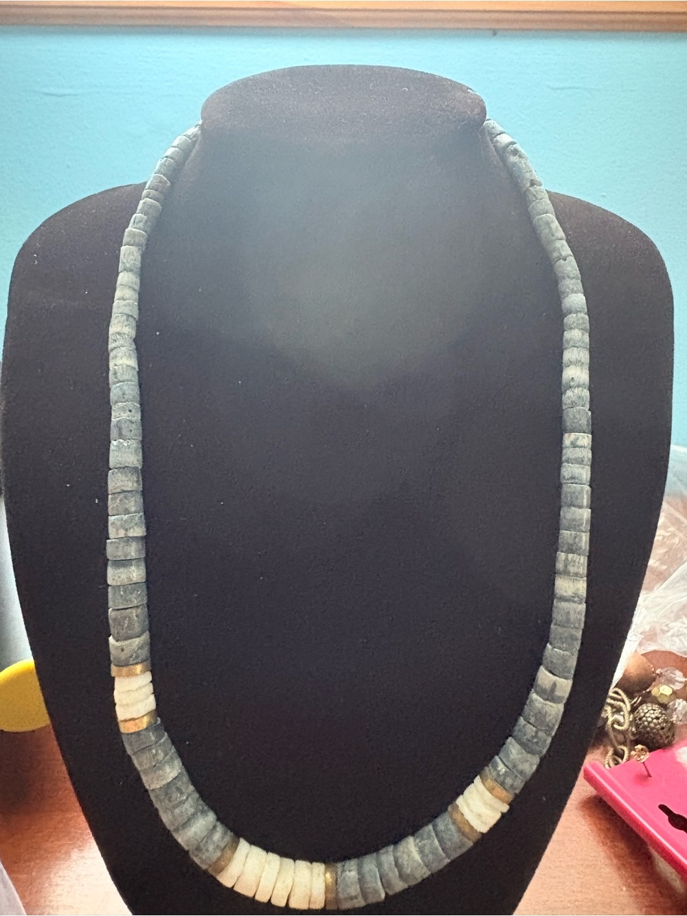 Handcrafted Blue-Grey and White Beaded Necklace puka shell
